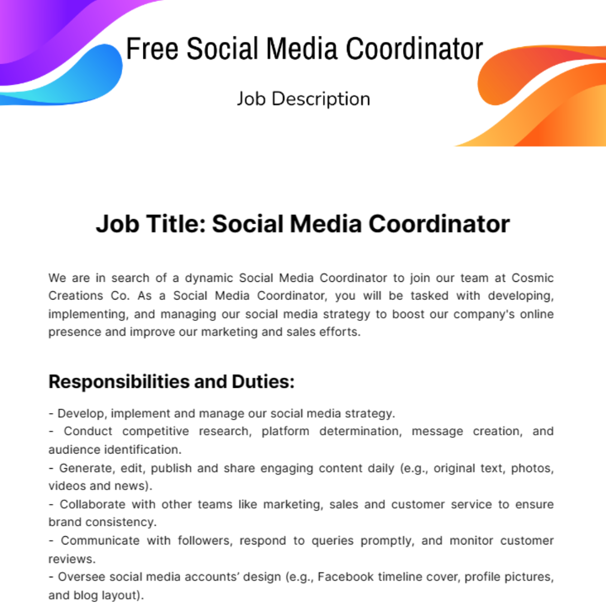 Social Media Coordinator Job Description Template Edit Online 