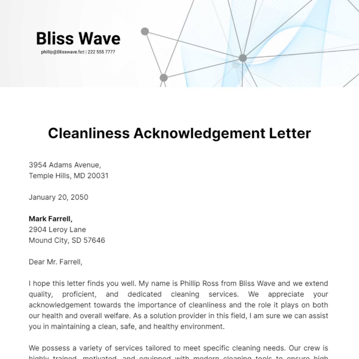 Cleanliness Acknowledgement Letter Template