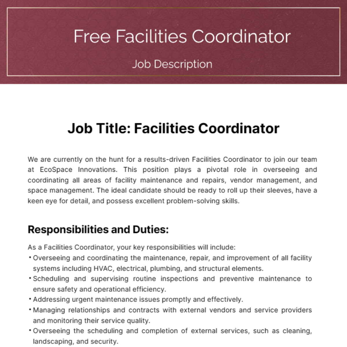 Facilities Coordinator Job Description Template