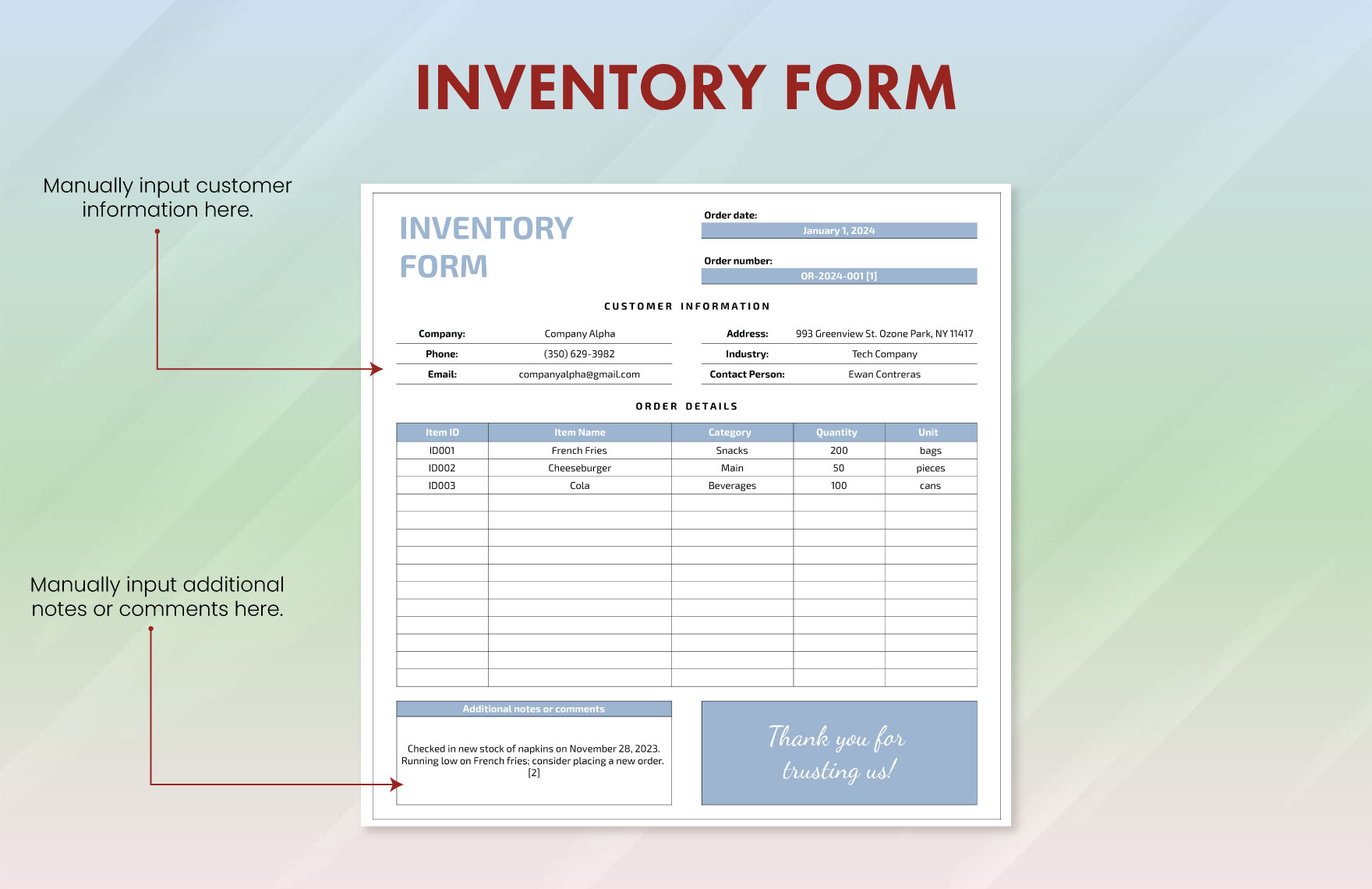 Inventory Form Template - Download in Excel, Google Sheets | Template.net