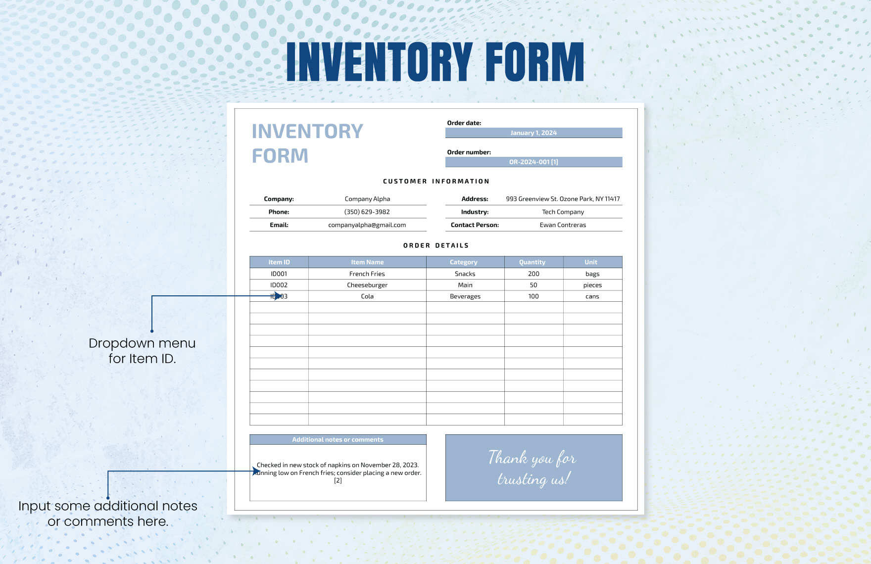 Inventory Form Template