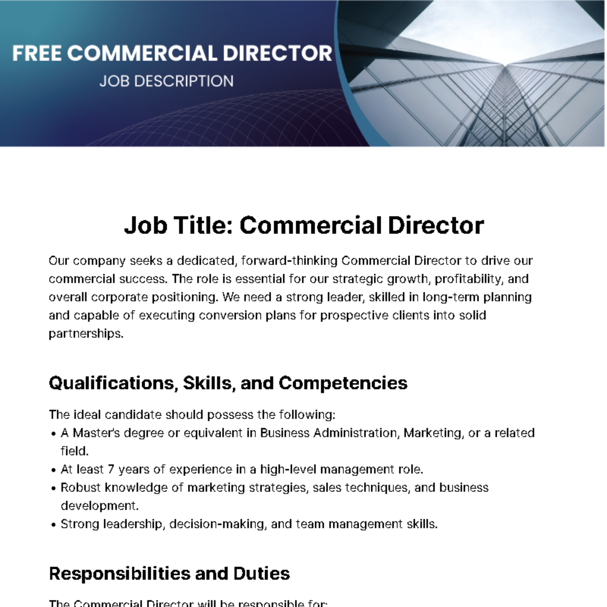 Free Commercial Director Job Description Template To Edit Online