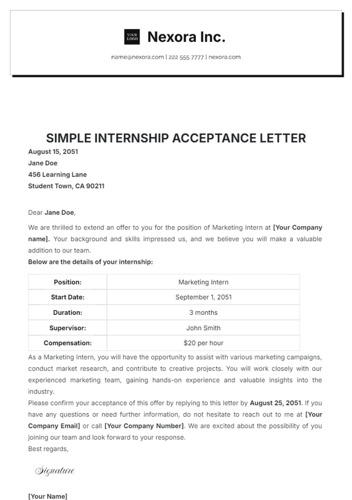 Simple Internship Acceptance Letter Template - Edit Online & Download