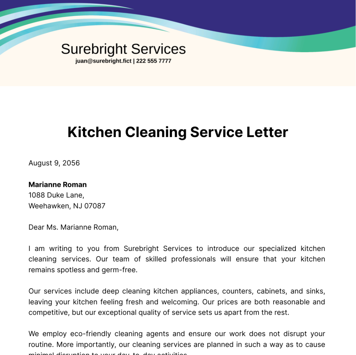 Kitchen Cleaning Service Letter Template