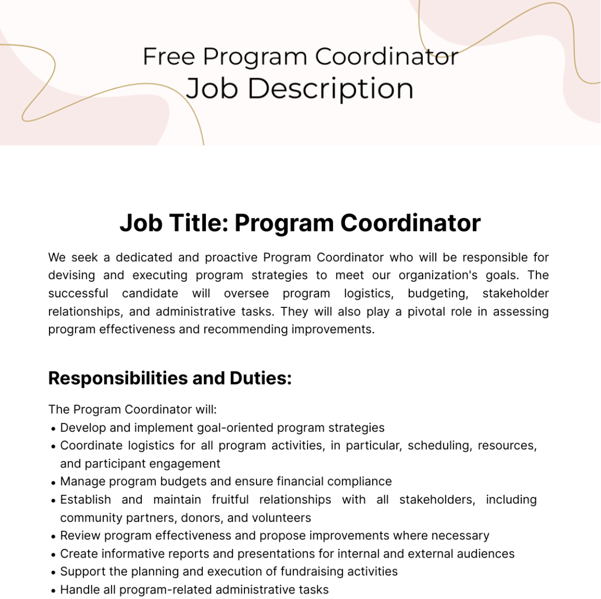 Program Coordinator Job Description Template Edit Online Download 