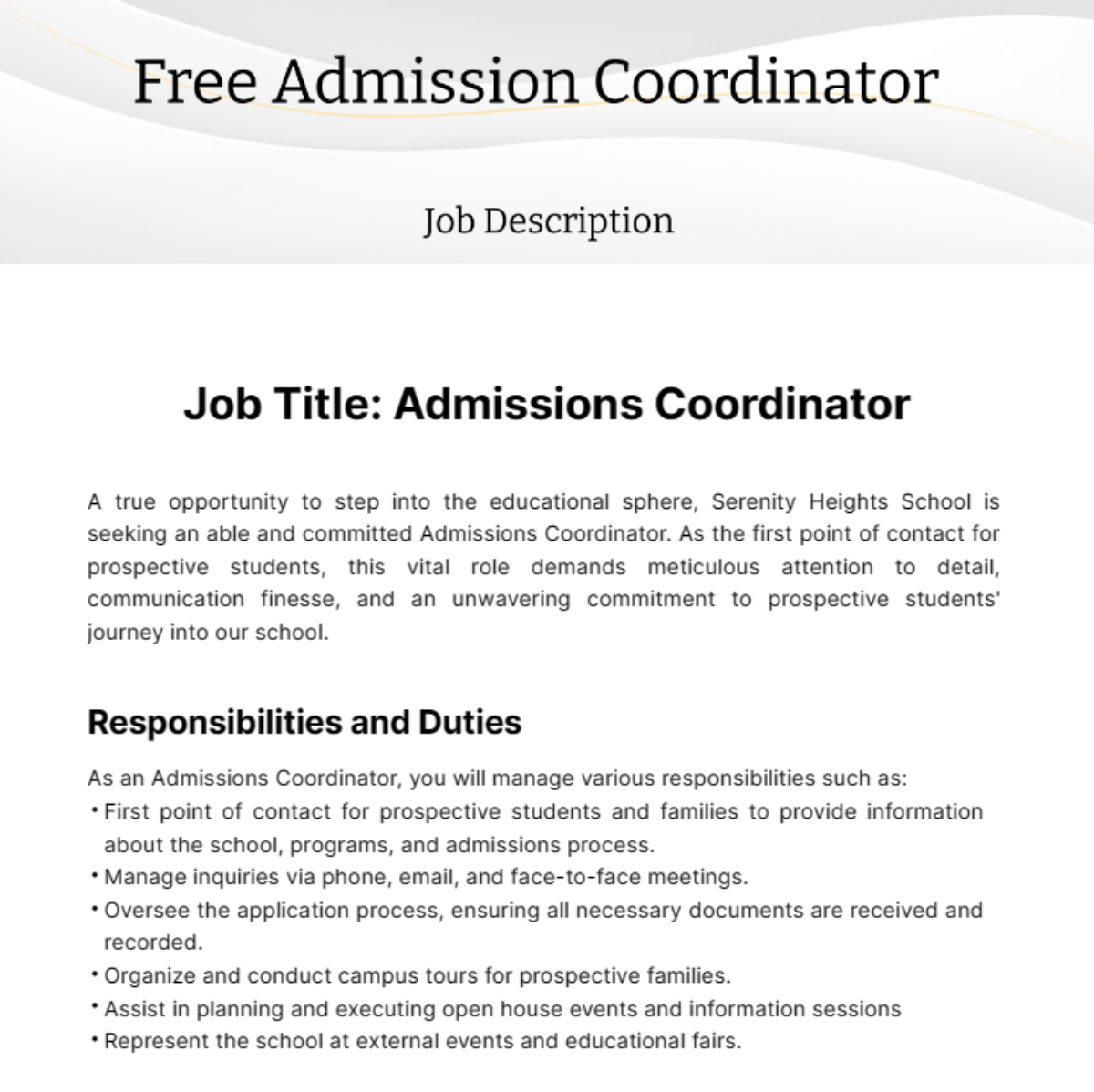 Admissions Coordinator Job Description Template