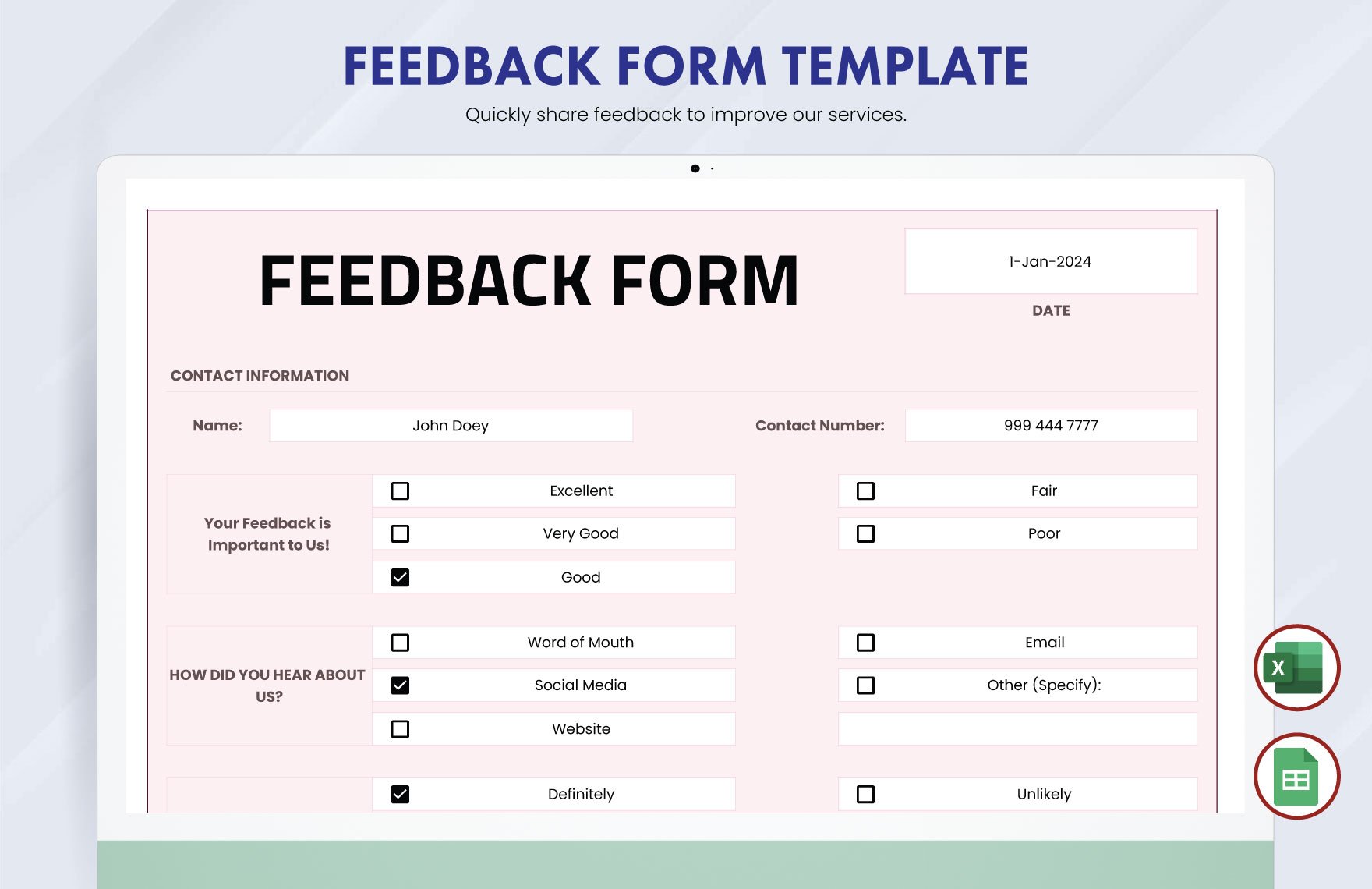 Free Feedback Form Template in Excel, Google Sheets