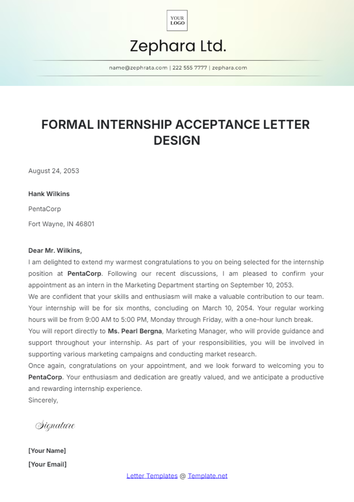 Formal Internship Acceptance Letter Design Template