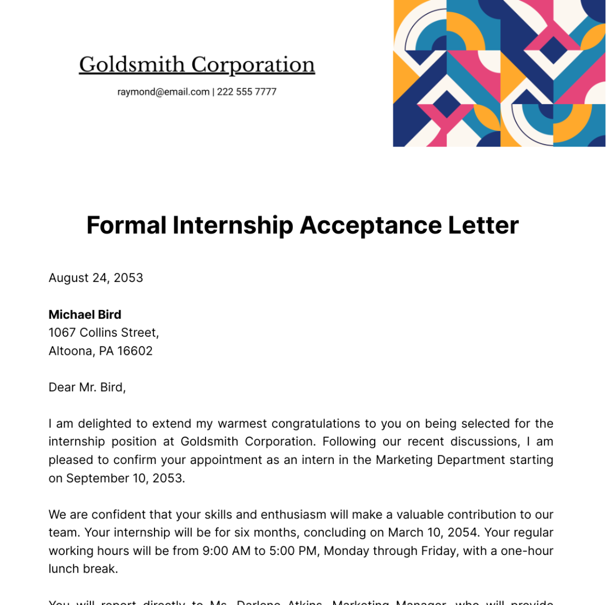 Formal Internship Acceptance Letter Template