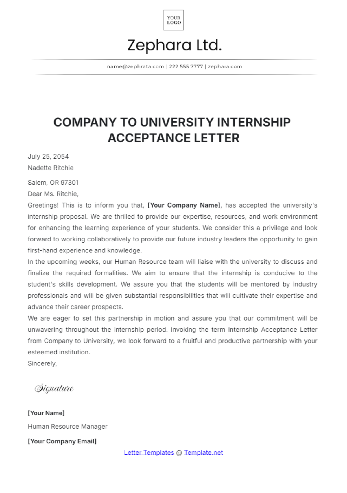 Company to University Internship Acceptance Letter Template