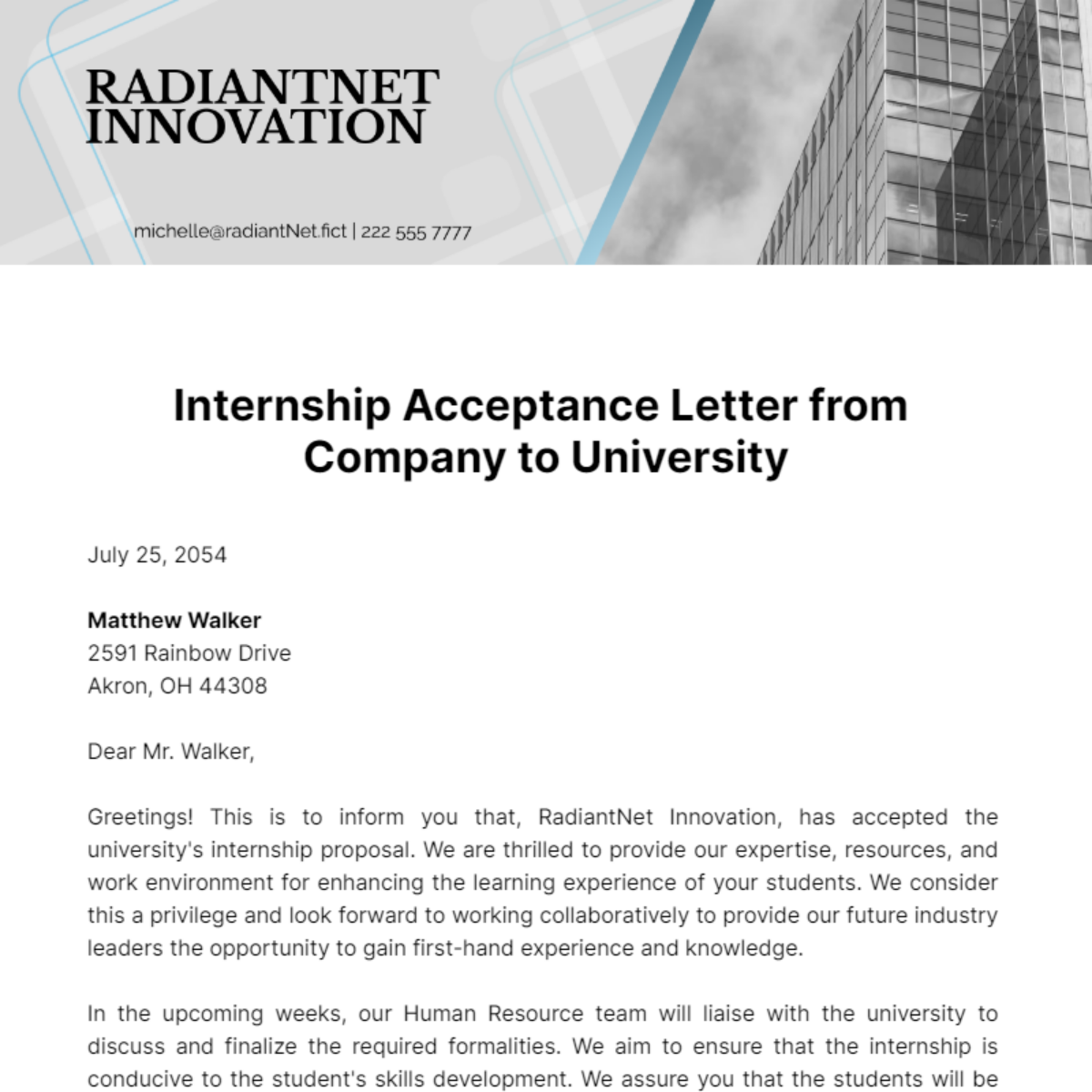 Free Internship Acceptance Letter from Company to University Template