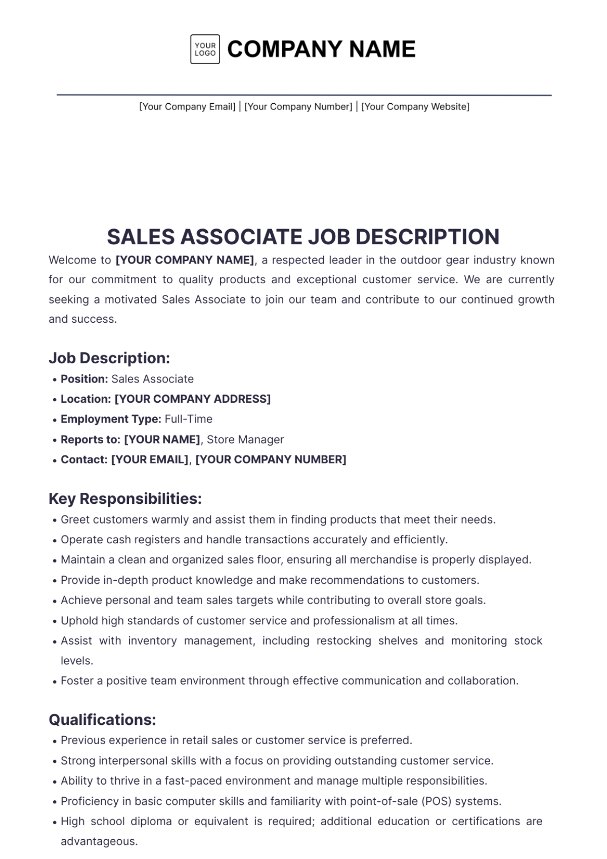 Free Sales Associate Job Description Template - Edit Online & Download ...