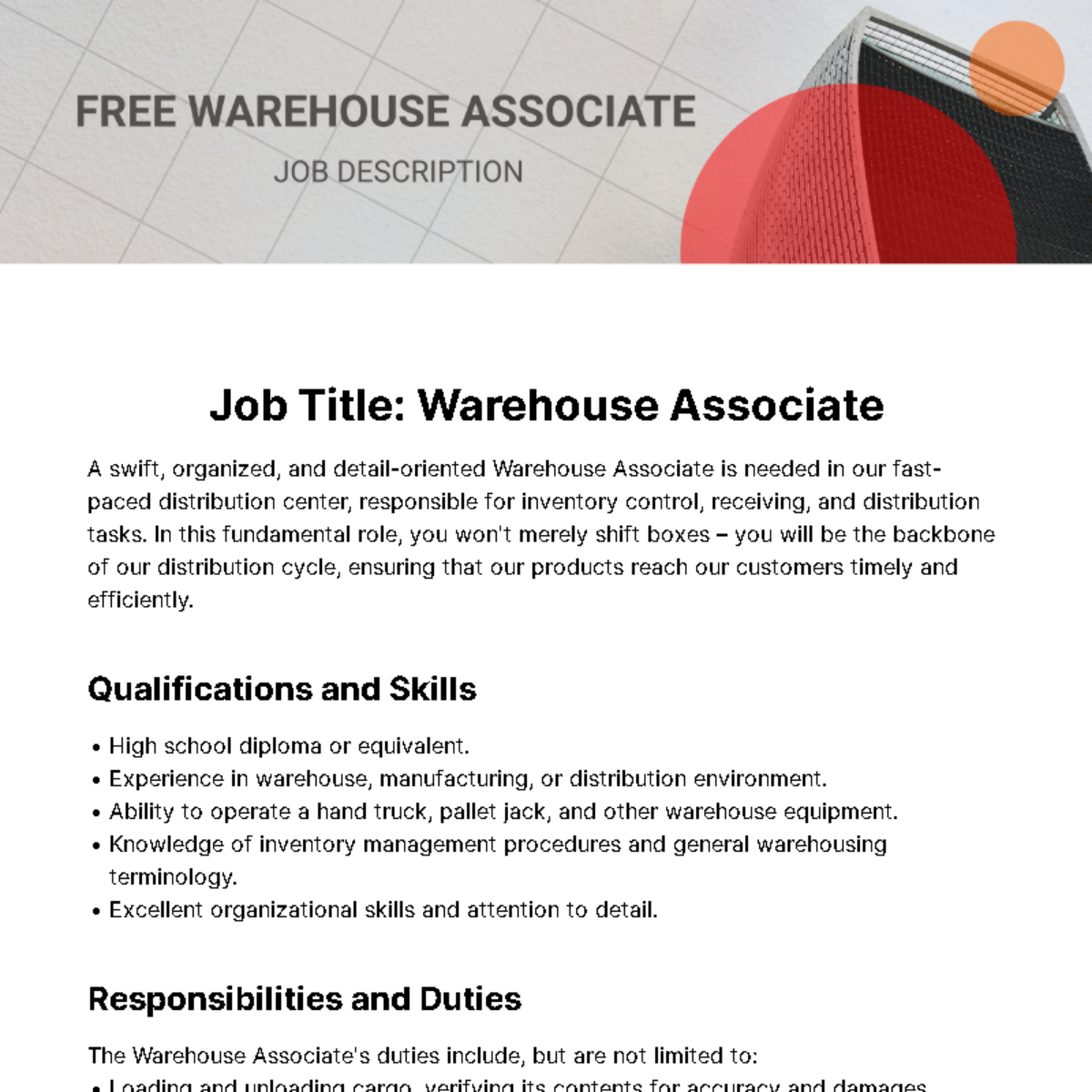 Warehouse Associate Job Description Template