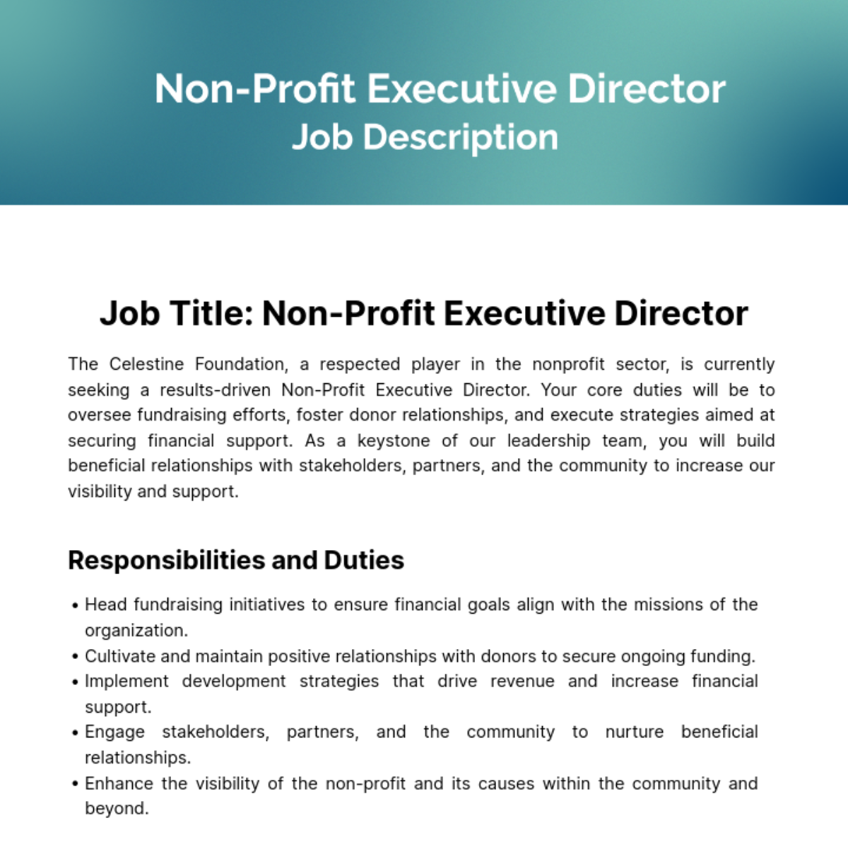 Non Profit Executive Director Job Description Template - Edit Online & Download