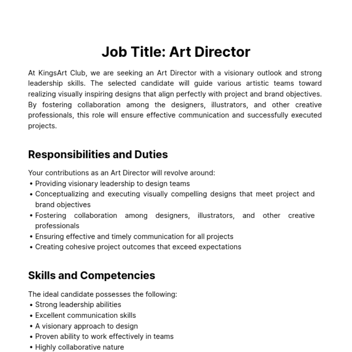 Art Director Job Description Template - Edit Online & Download