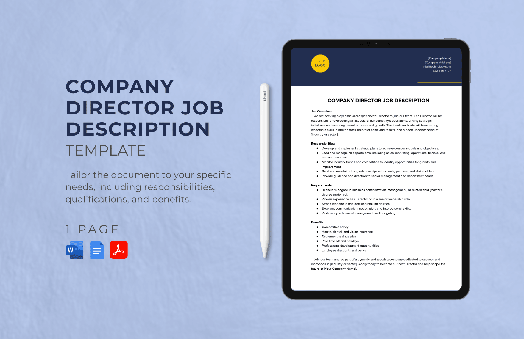 Free Company Director Job Description in Word, Google Docs, PDF