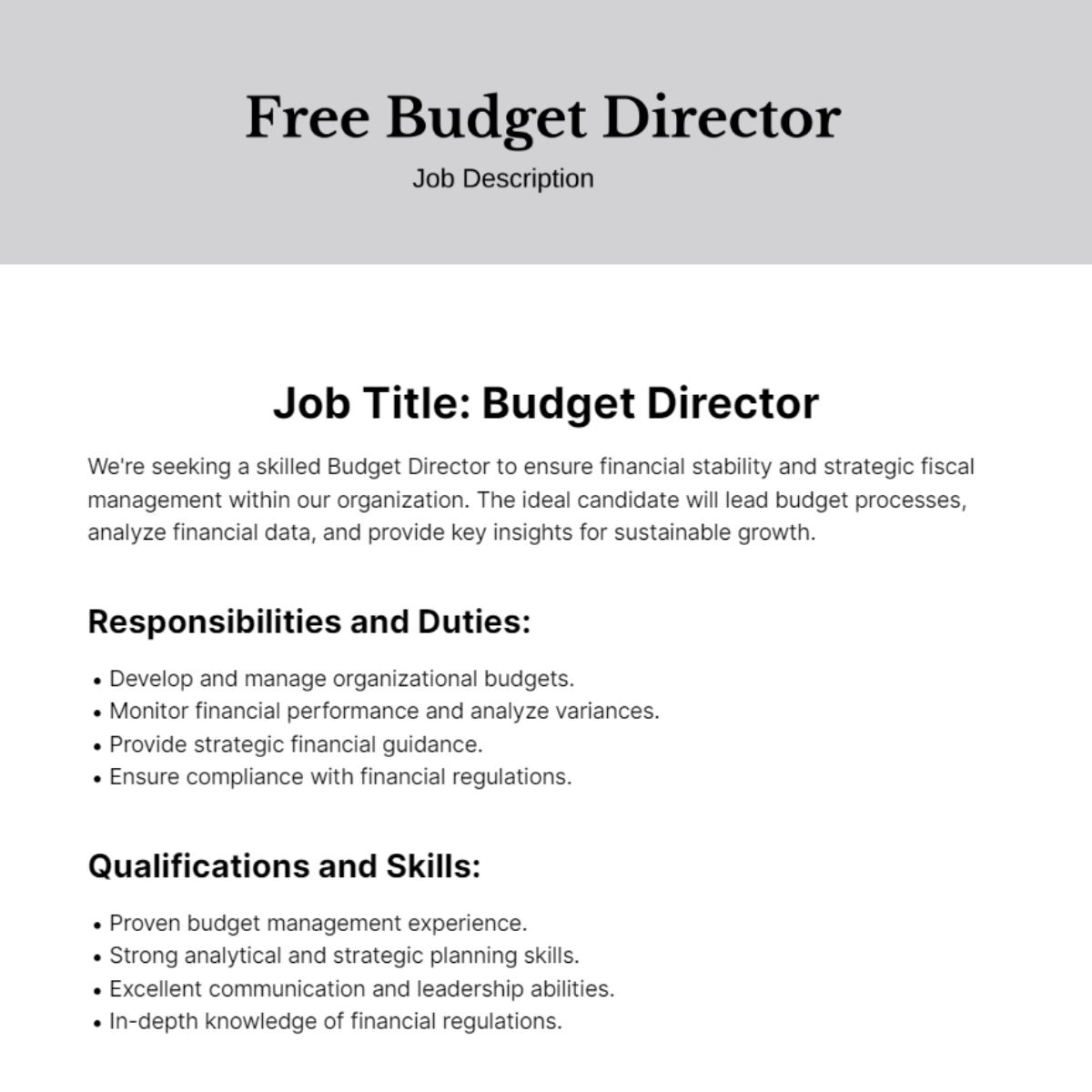 Budget Director Job Description Template