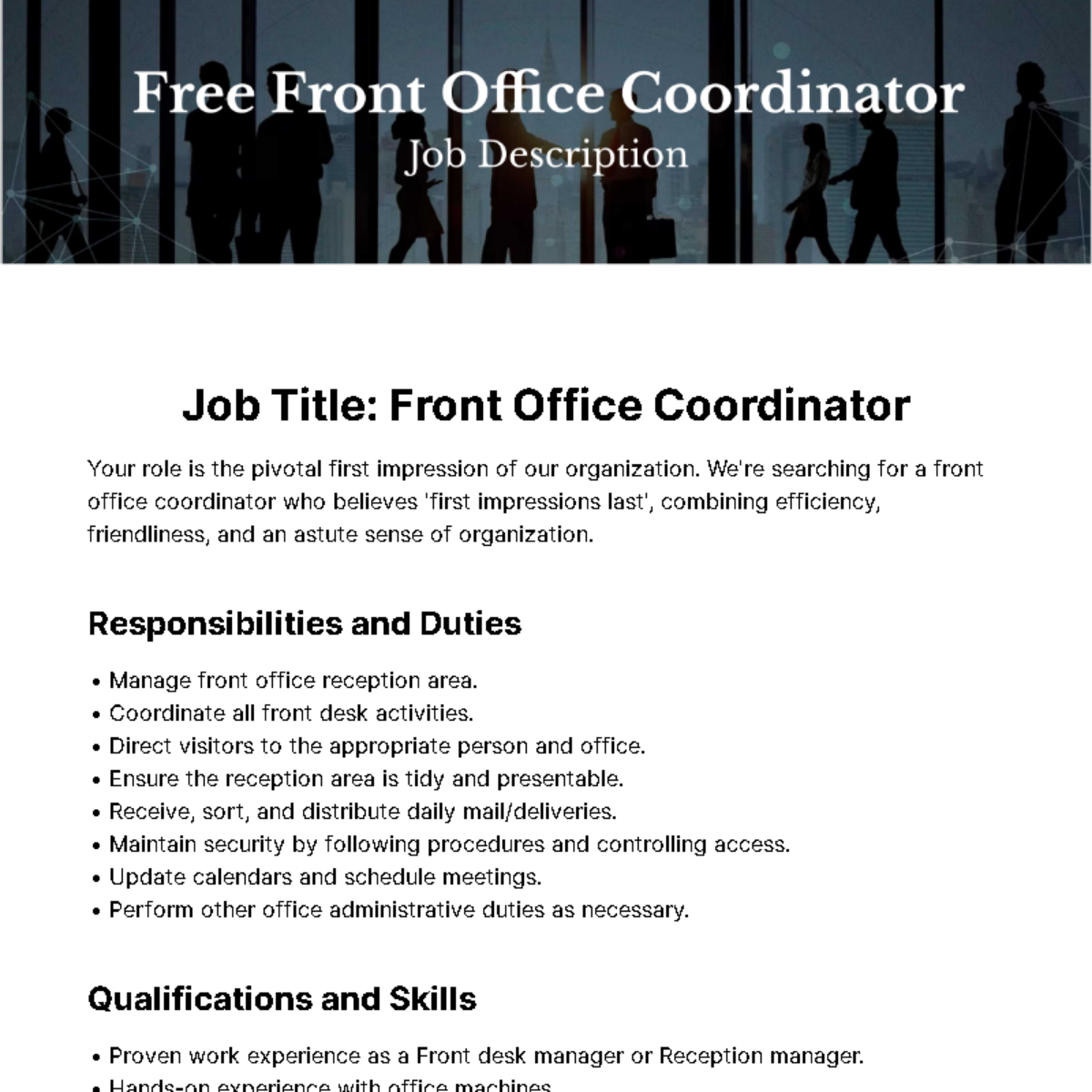 Free Front Office Coordinator Job Description Template To Edit Online