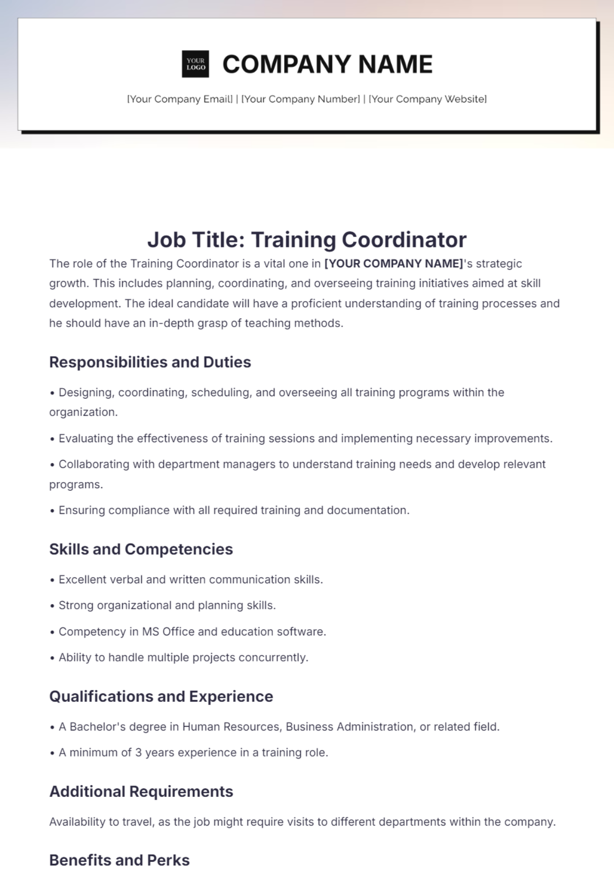 Training Coordinator Job Description Template - Edit Online & Download