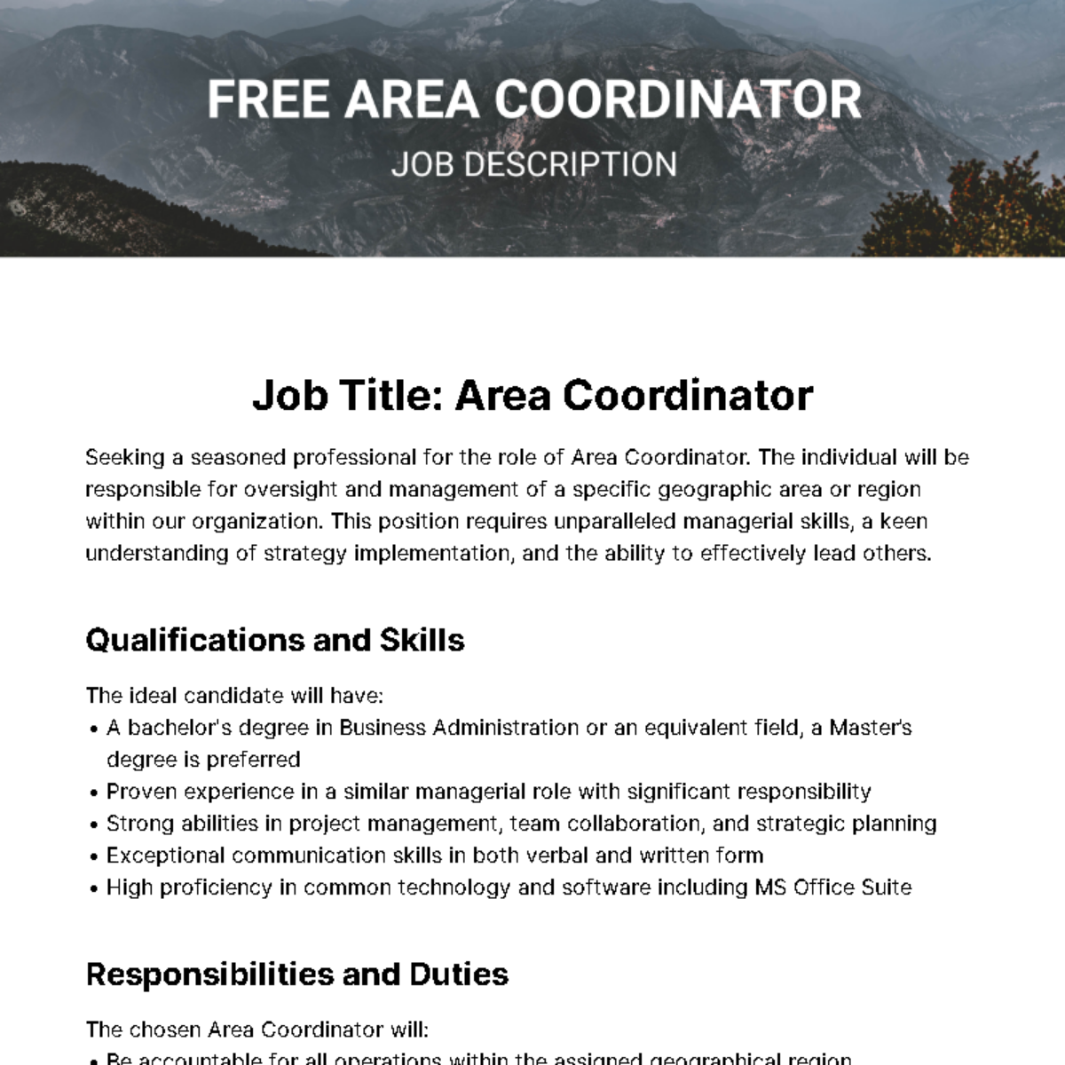 Area Coordinator Job Description Template