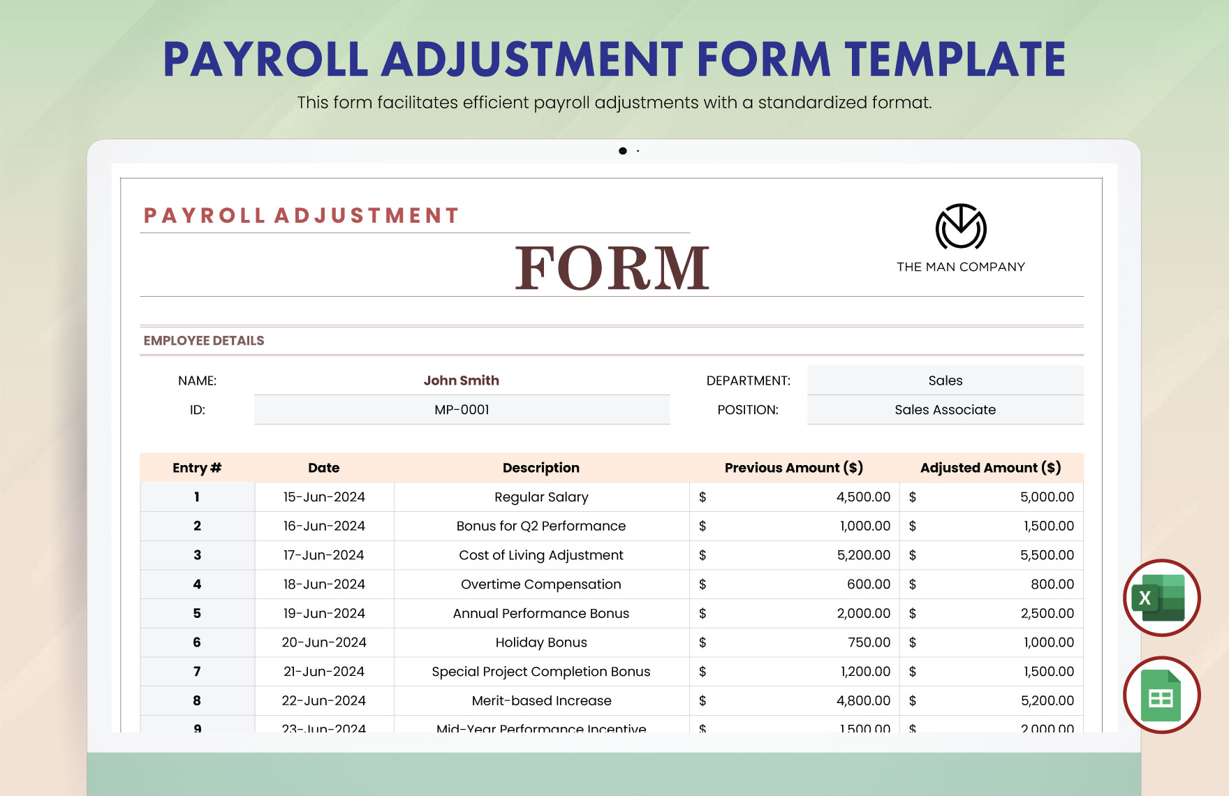 Payroll Adjustment Form Template in Excel, Google Sheets - Download | Template.net