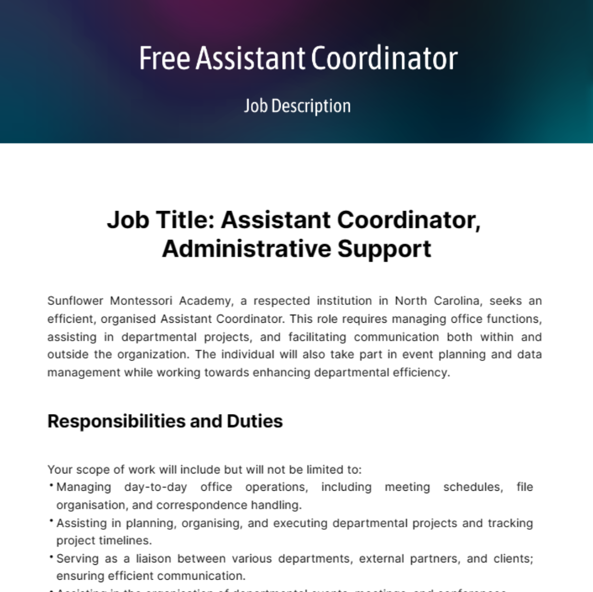 Assistant Coordinator Job Description Template