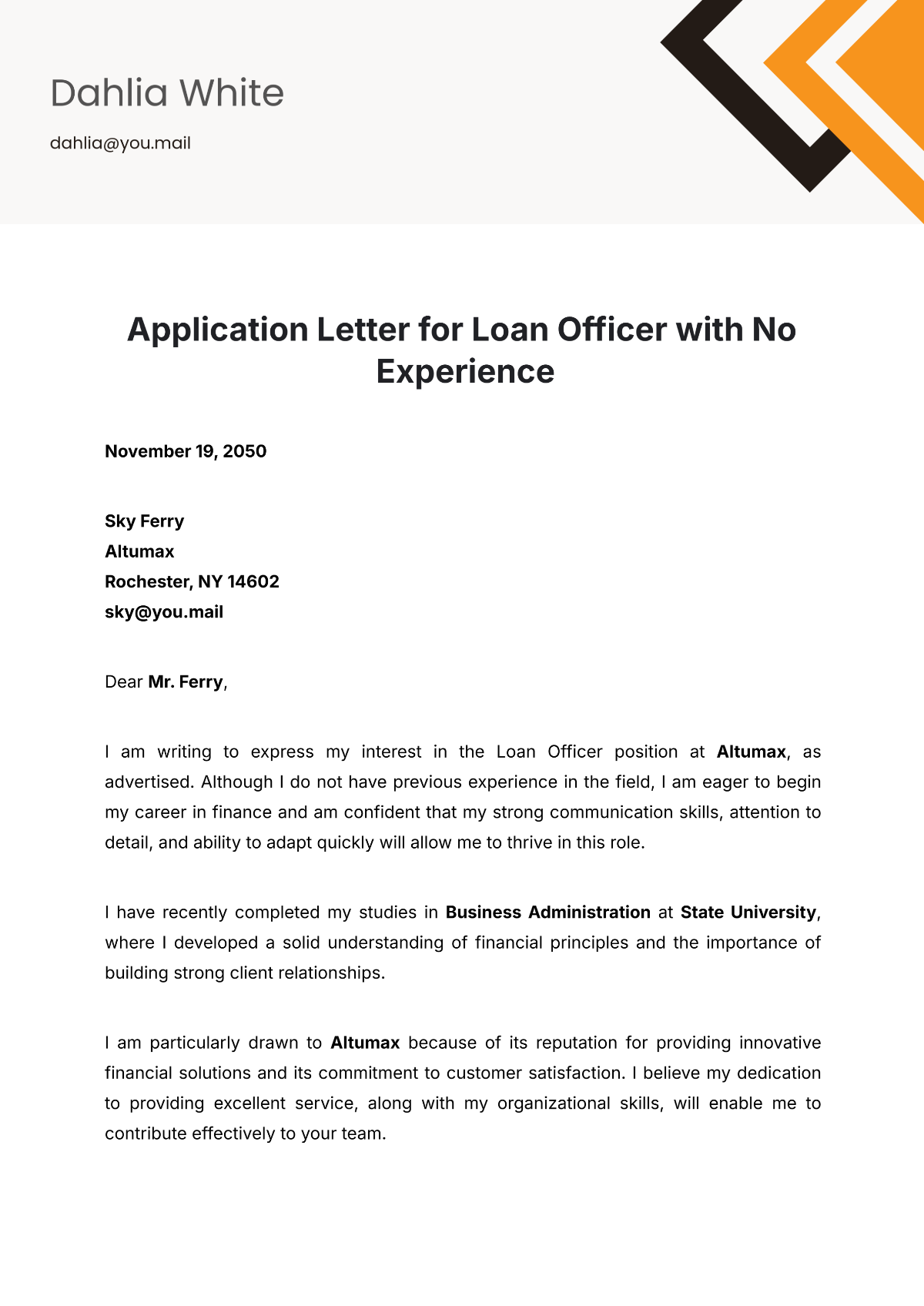 Application Letter for Loan Officer with No Experience Template - Edit Online & Download