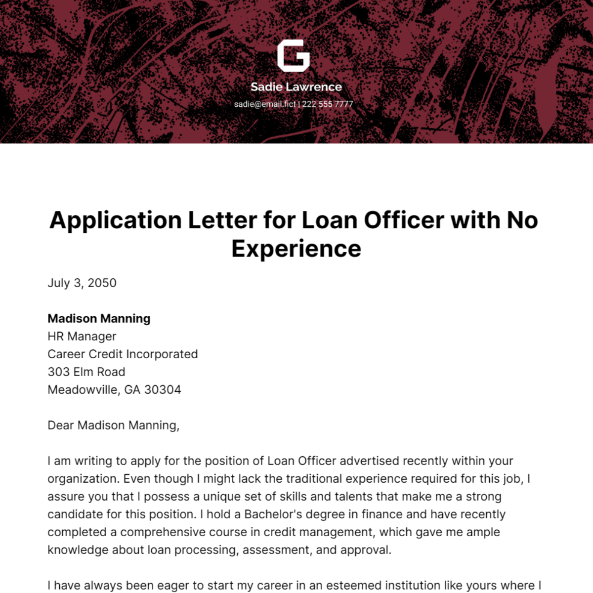 Application Letter for Loan Officer with No Experience Template