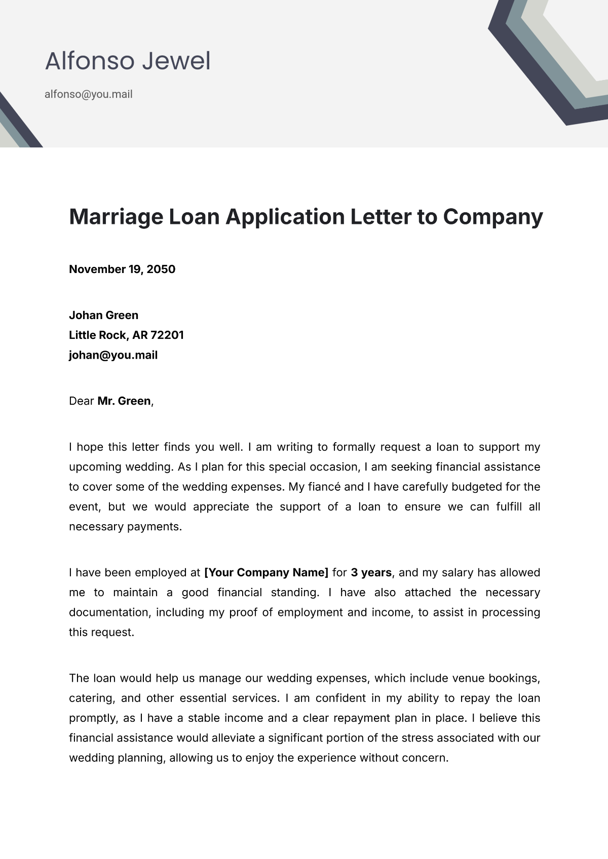 Marriage Loan Application Letter to Company Template - Edit Online & Download