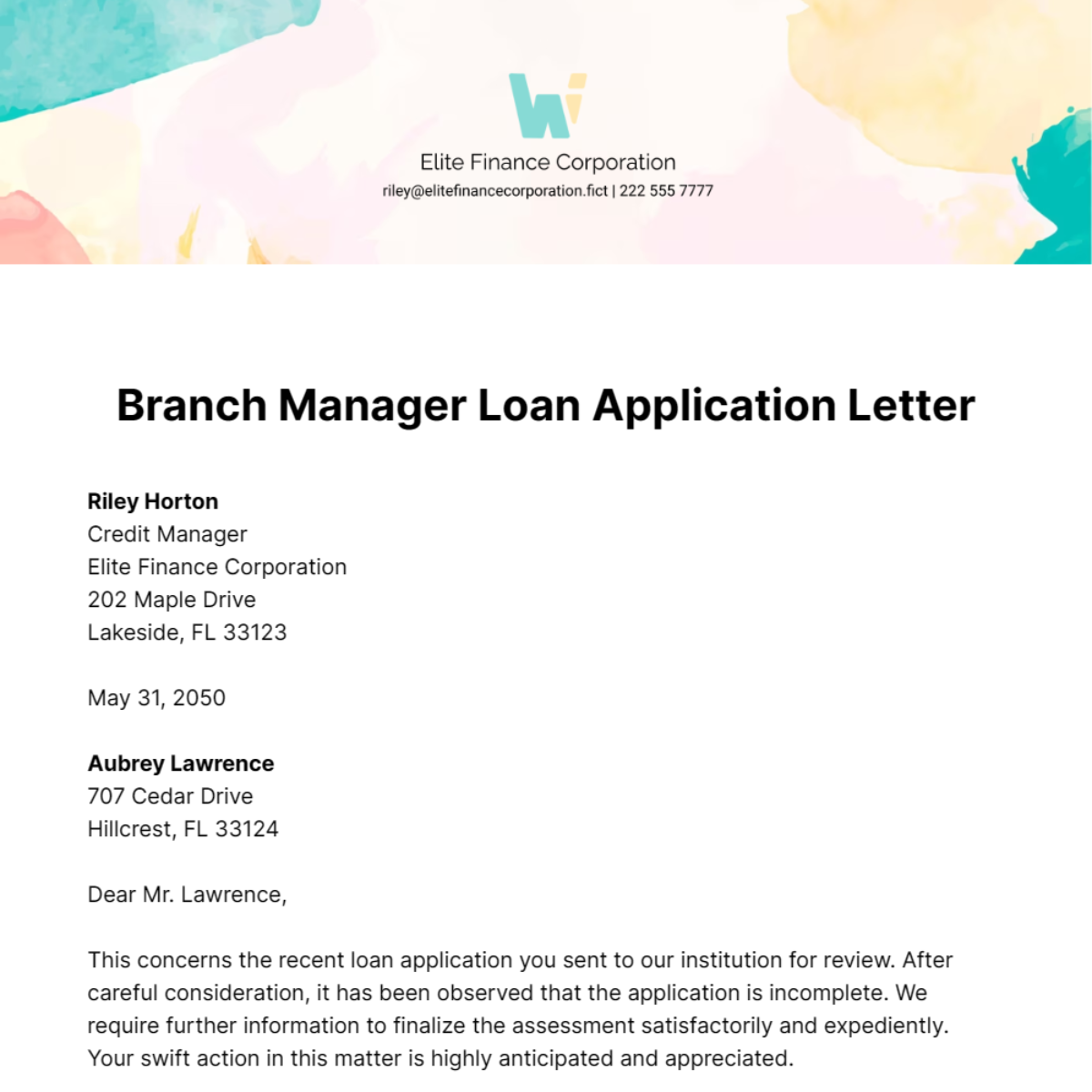 Branch Manager Loan Application Letter Template