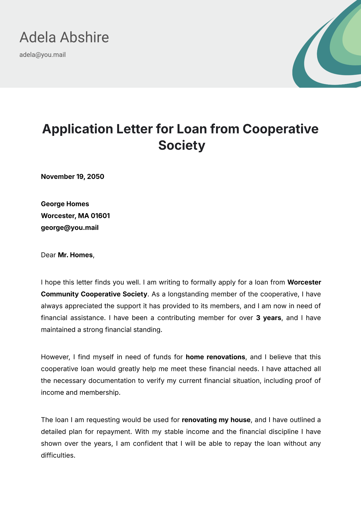 Application Letter for Loan from Cooperative Society Template - Edit Online & Download