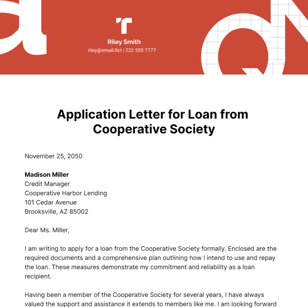 Application Letter for Loan from Cooperative Society Template