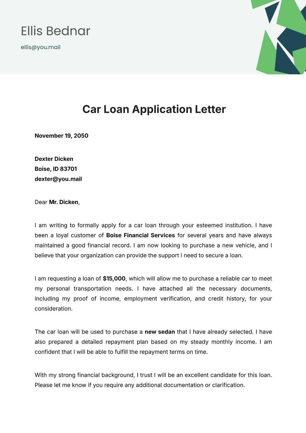 Car Loan Application Letter Template - Edit Online & Download