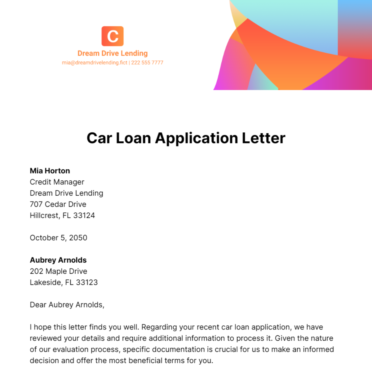 Car Loan Application Letter Template