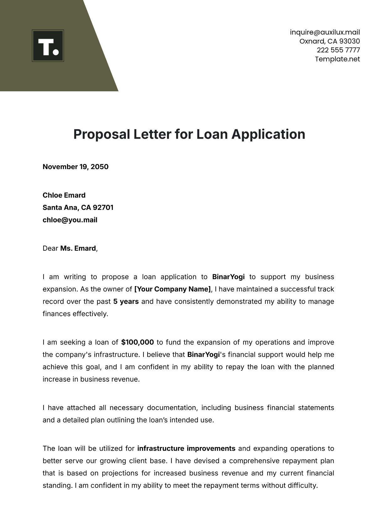 Proposal Letter for Loan Application Template - Edit Online & Download