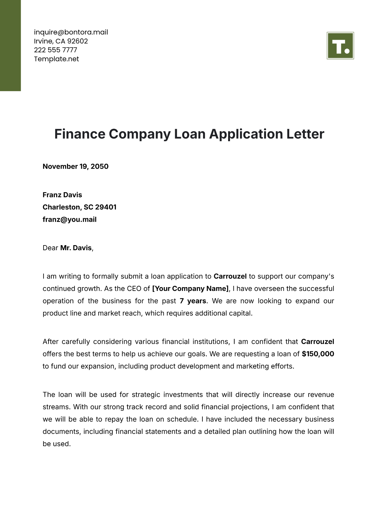 Finance Company Loan Application Letter Template - Edit Online & Download