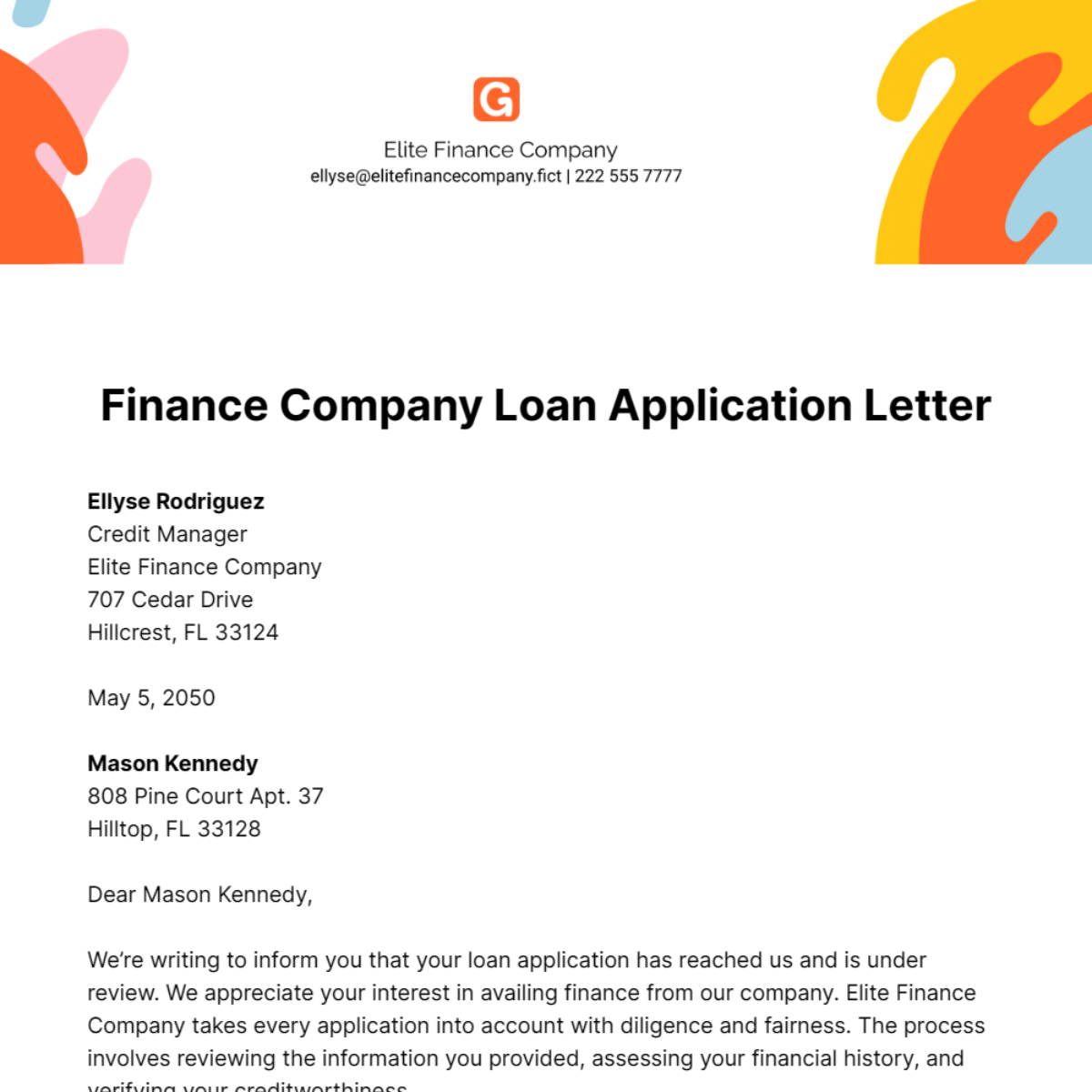 Finance Company Loan Application Letter Template