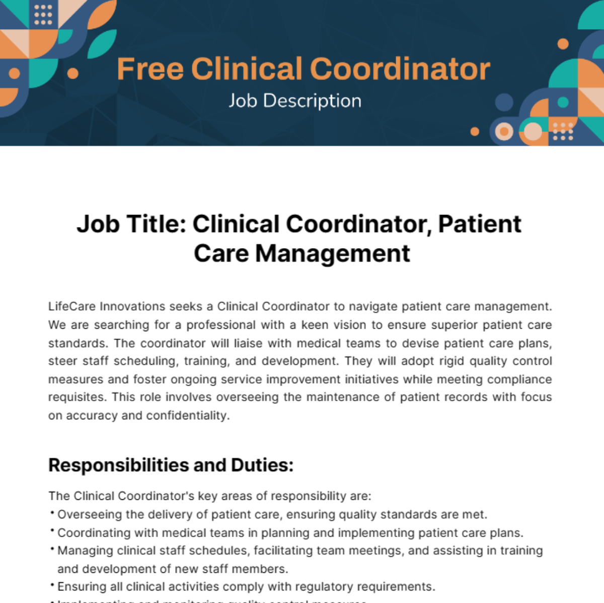 Clinical Coordinator Job Description Template