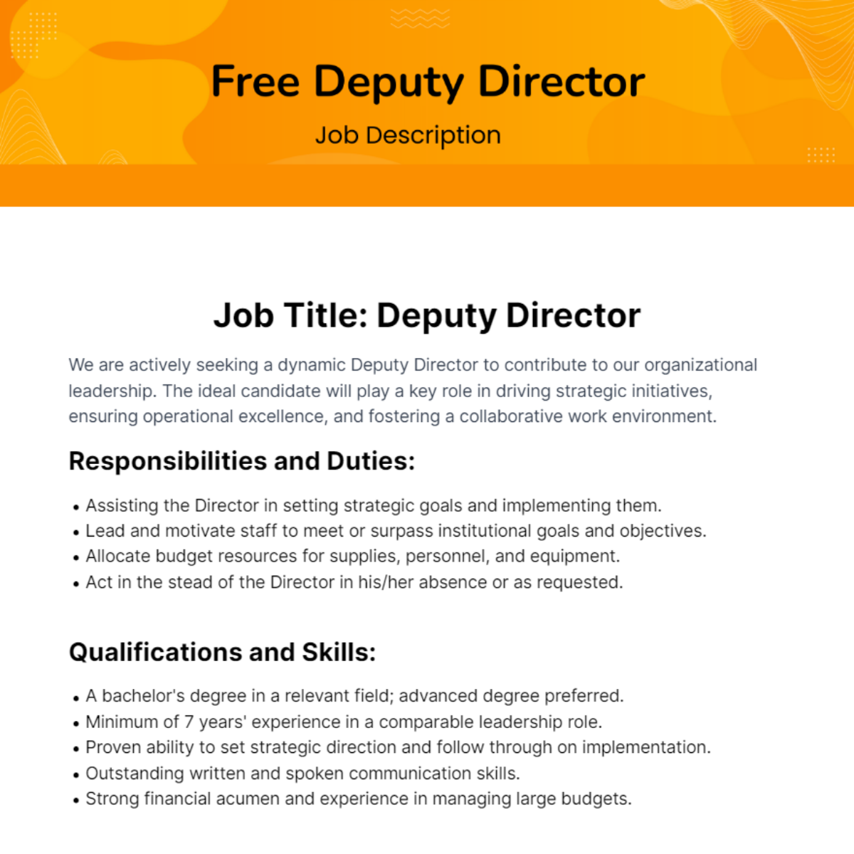 Deputy Director Job Description Template