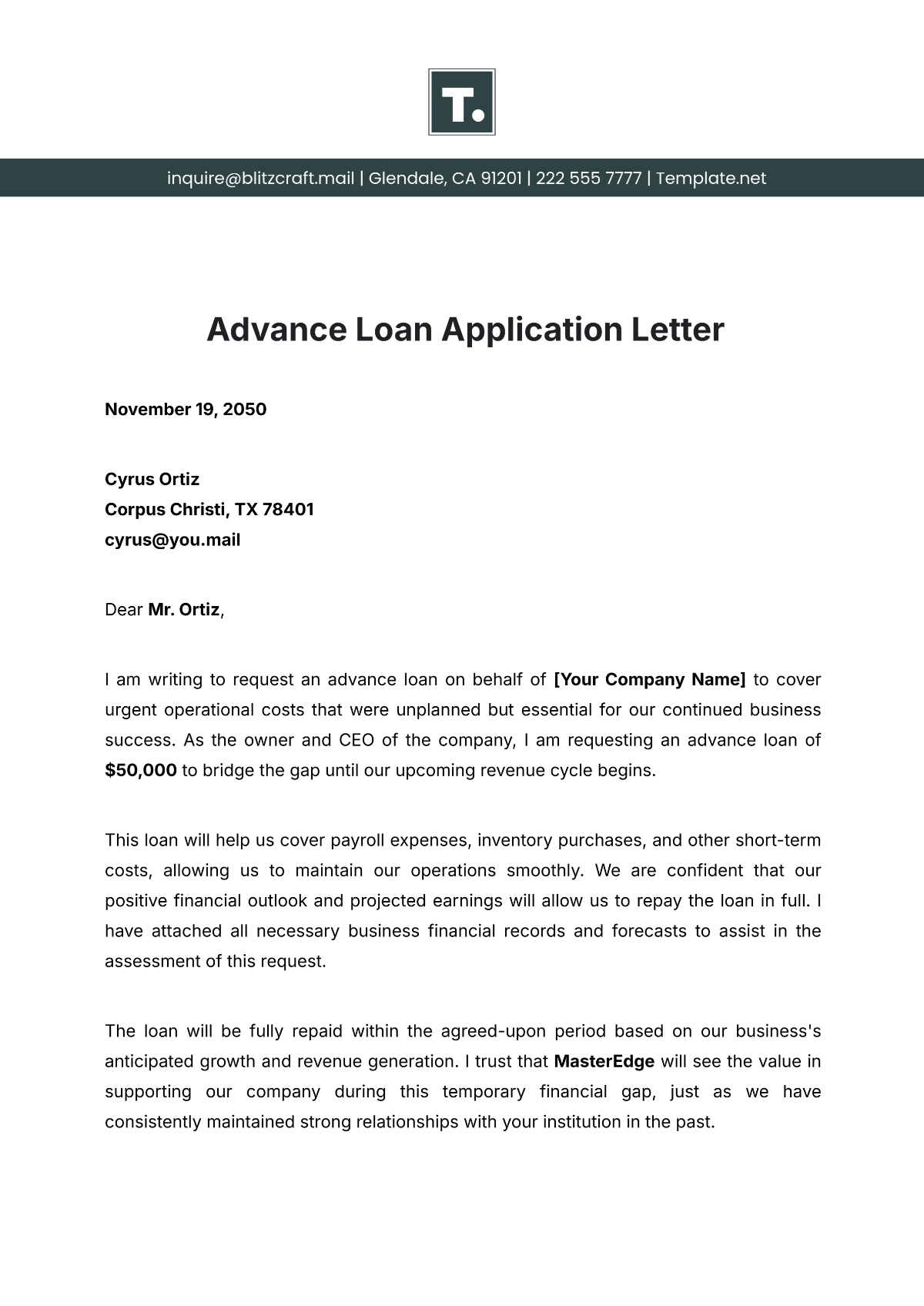 Advance Loan Application Letter Template - Edit Online & Download