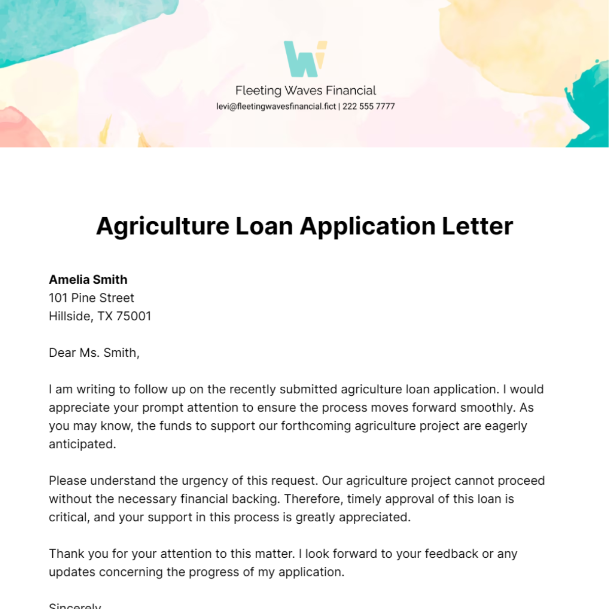 Agriculture Loan Application Letter Template