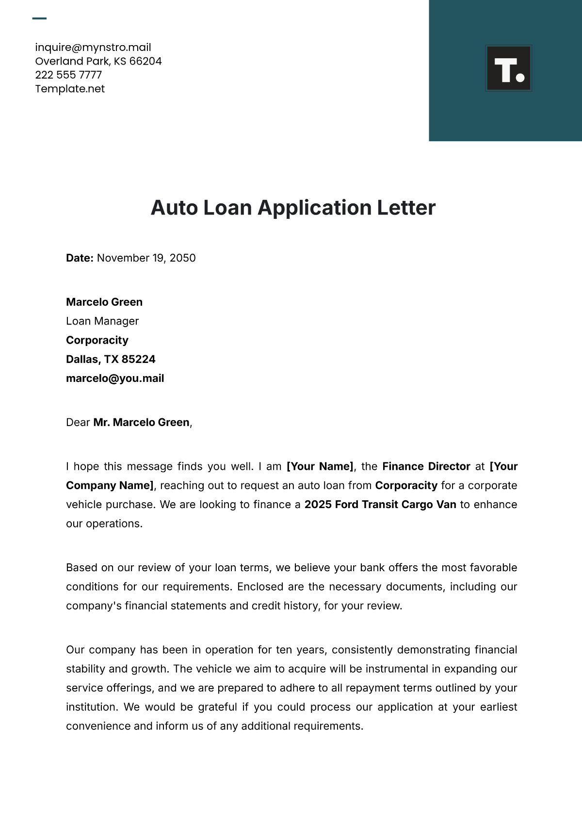 Auto Loan Application Letter Template - Edit Online & Download