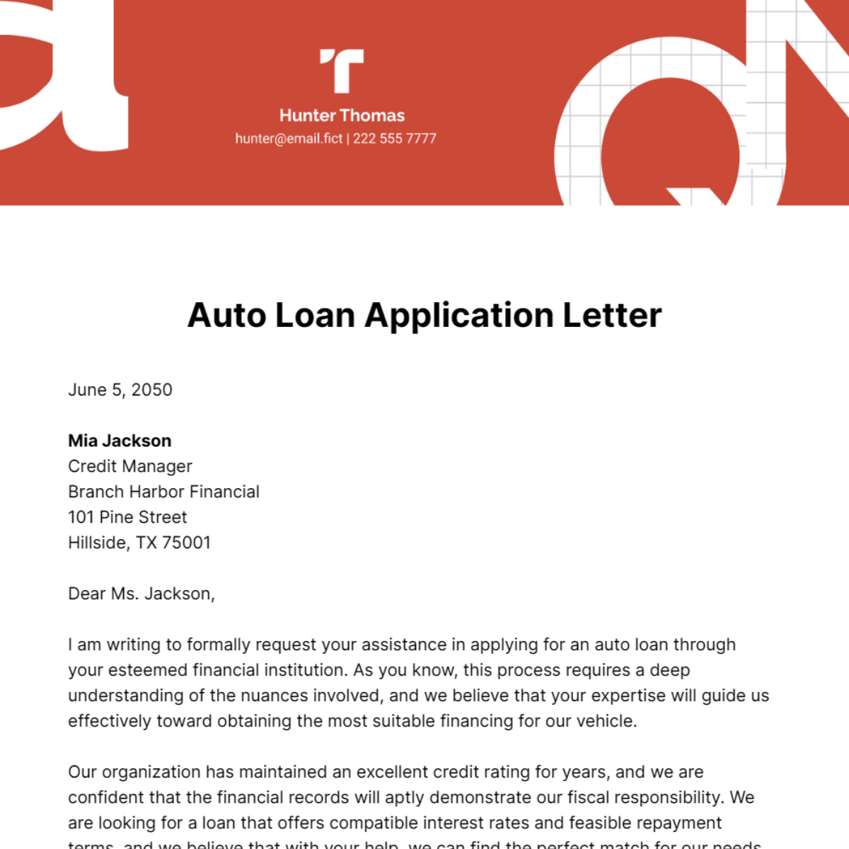 Auto Loan Application Letter Template