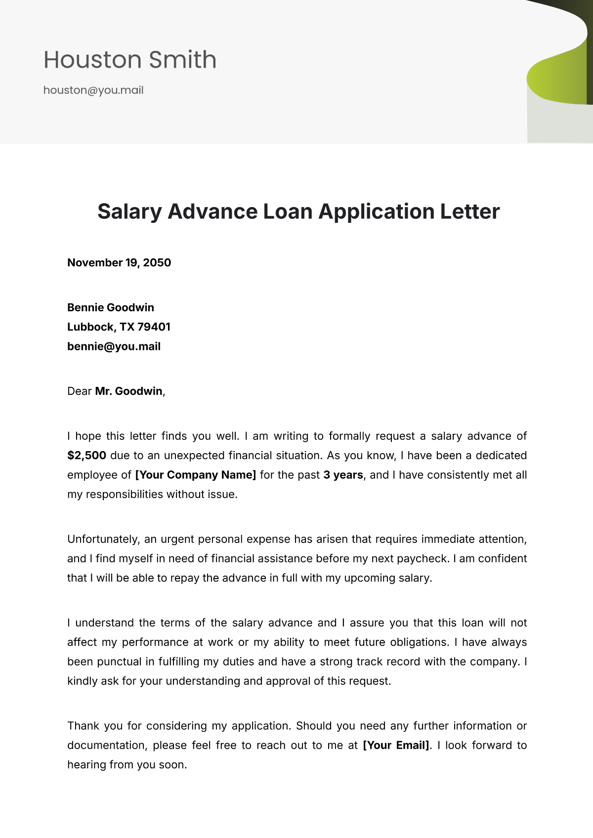 Salary Advance Loan Application Letter Template - Edit Online & Download