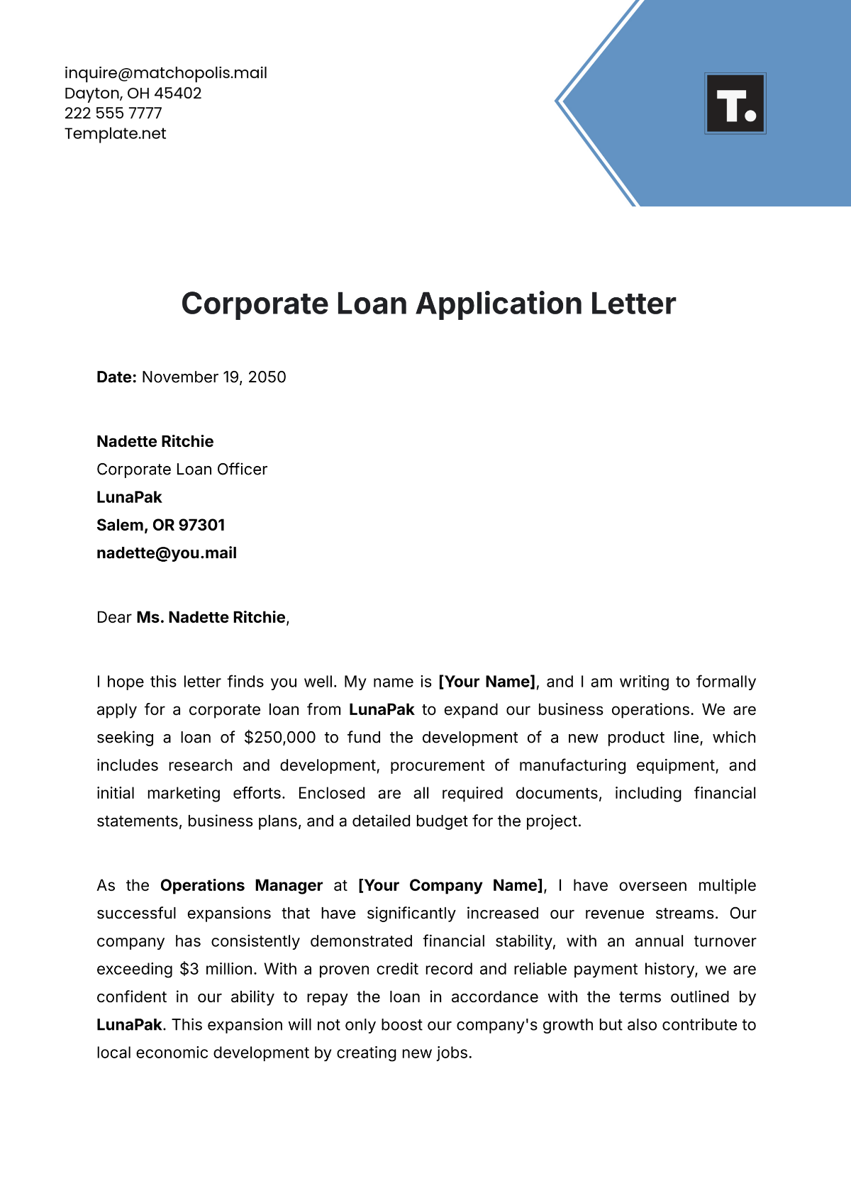 Corporate Loan Application Letter Template - Edit Online & Download