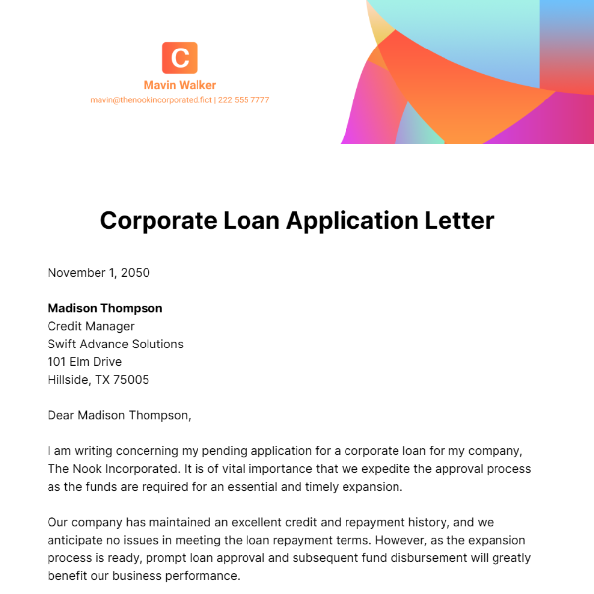 Corporate Loan Application Letter Template