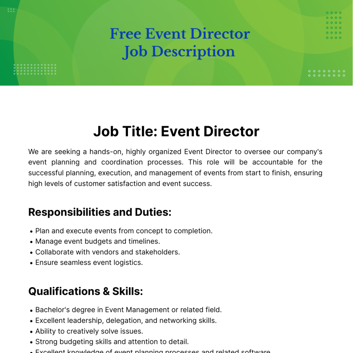 Free Event Director Job Description Template Edit Online Download 