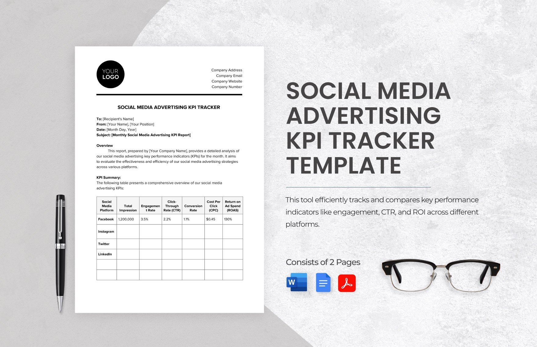 Social Media Advertising KPI Tracker Template in Word, Google Docs, PDF