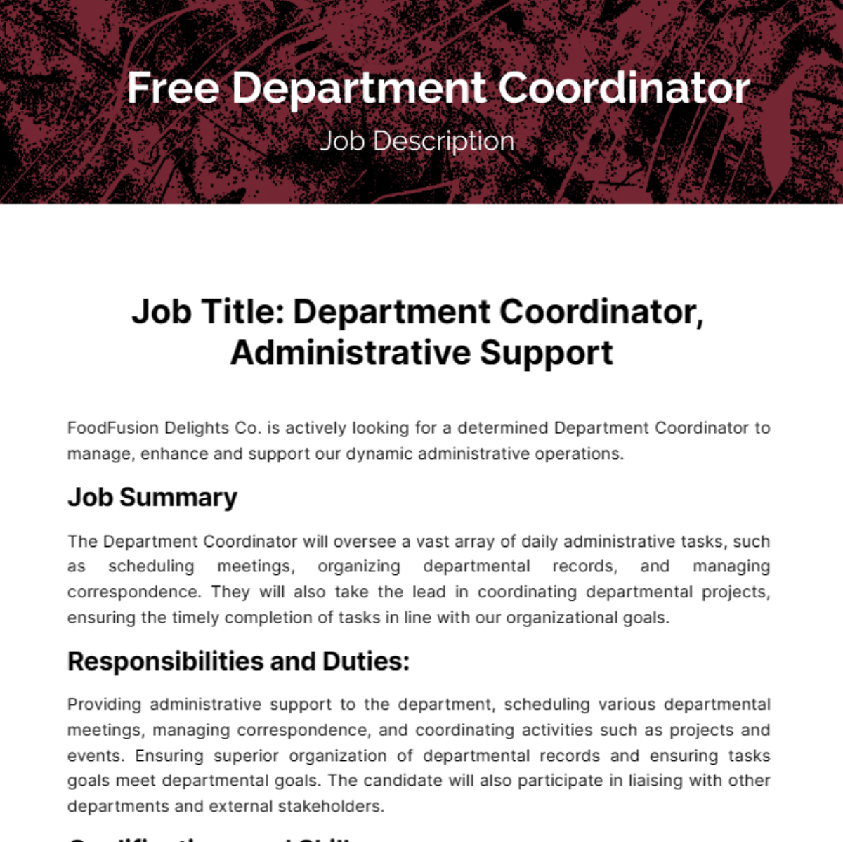 Department Coordinator Job Description Template