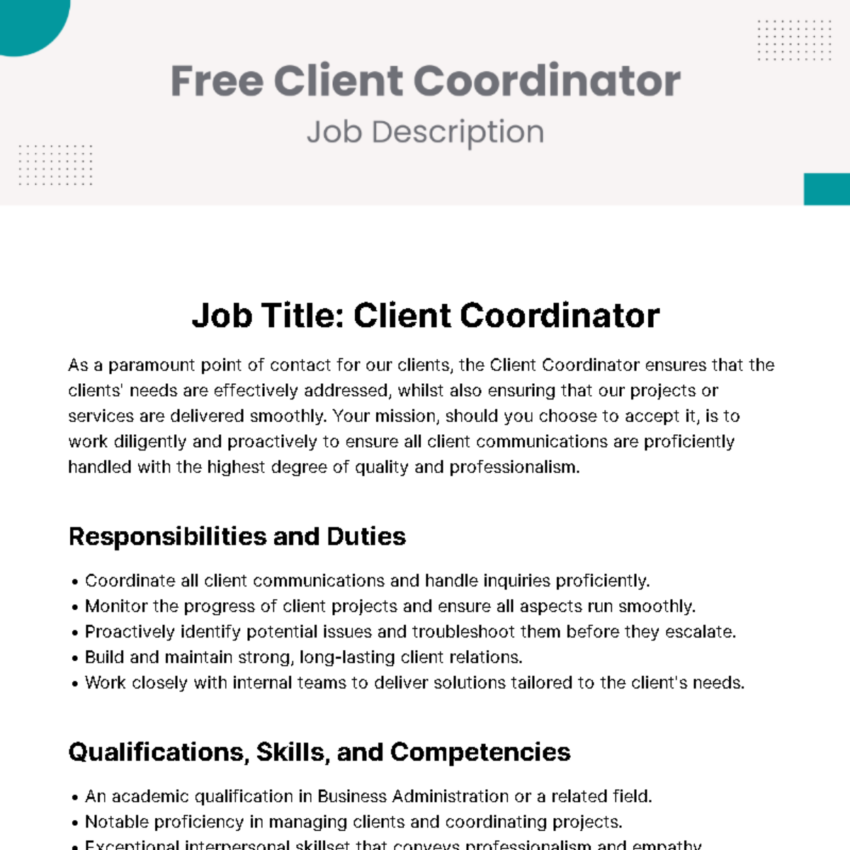 Client Coordinator Job Description Template